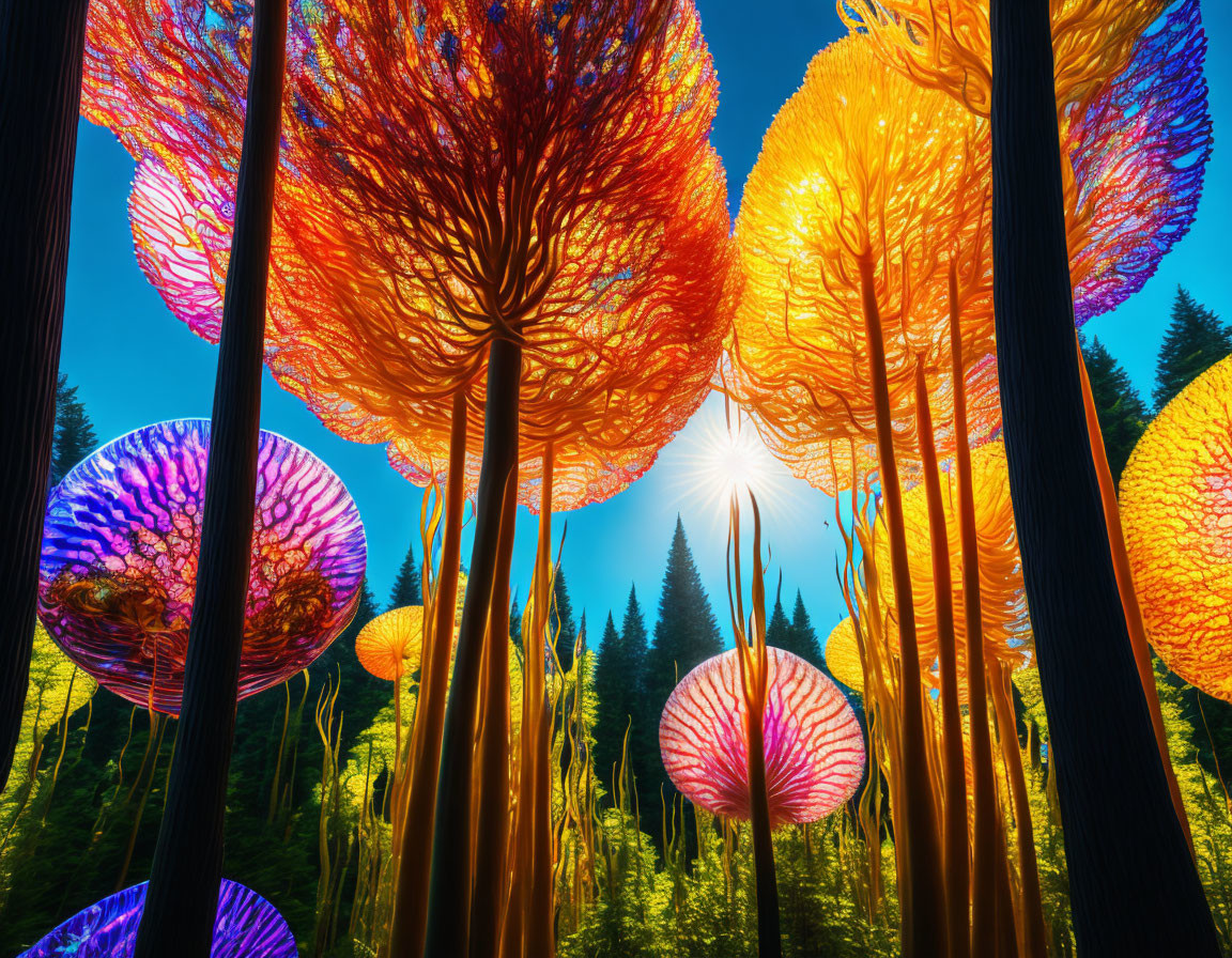 Vibrant glass flower sculptures in a fantasy forest setting