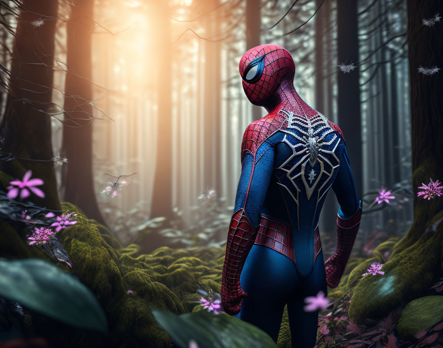 Superhero in mystical forest with sunlight and flowers.