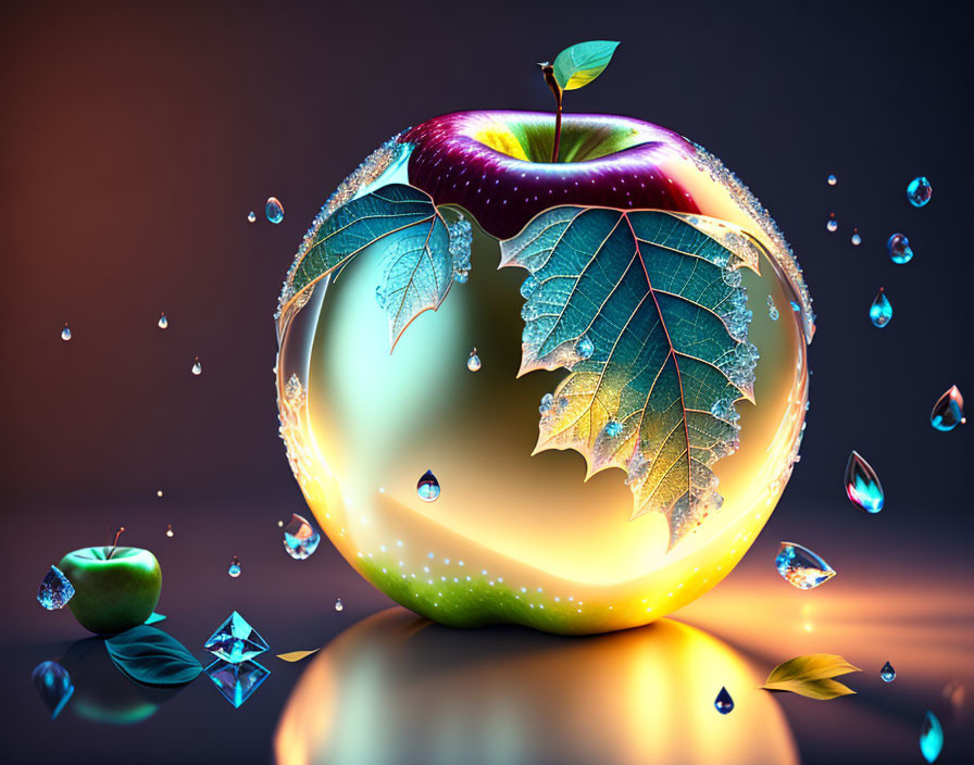 Surreal green and red apple transforming into circular bubble with leaves and water droplets on orange and