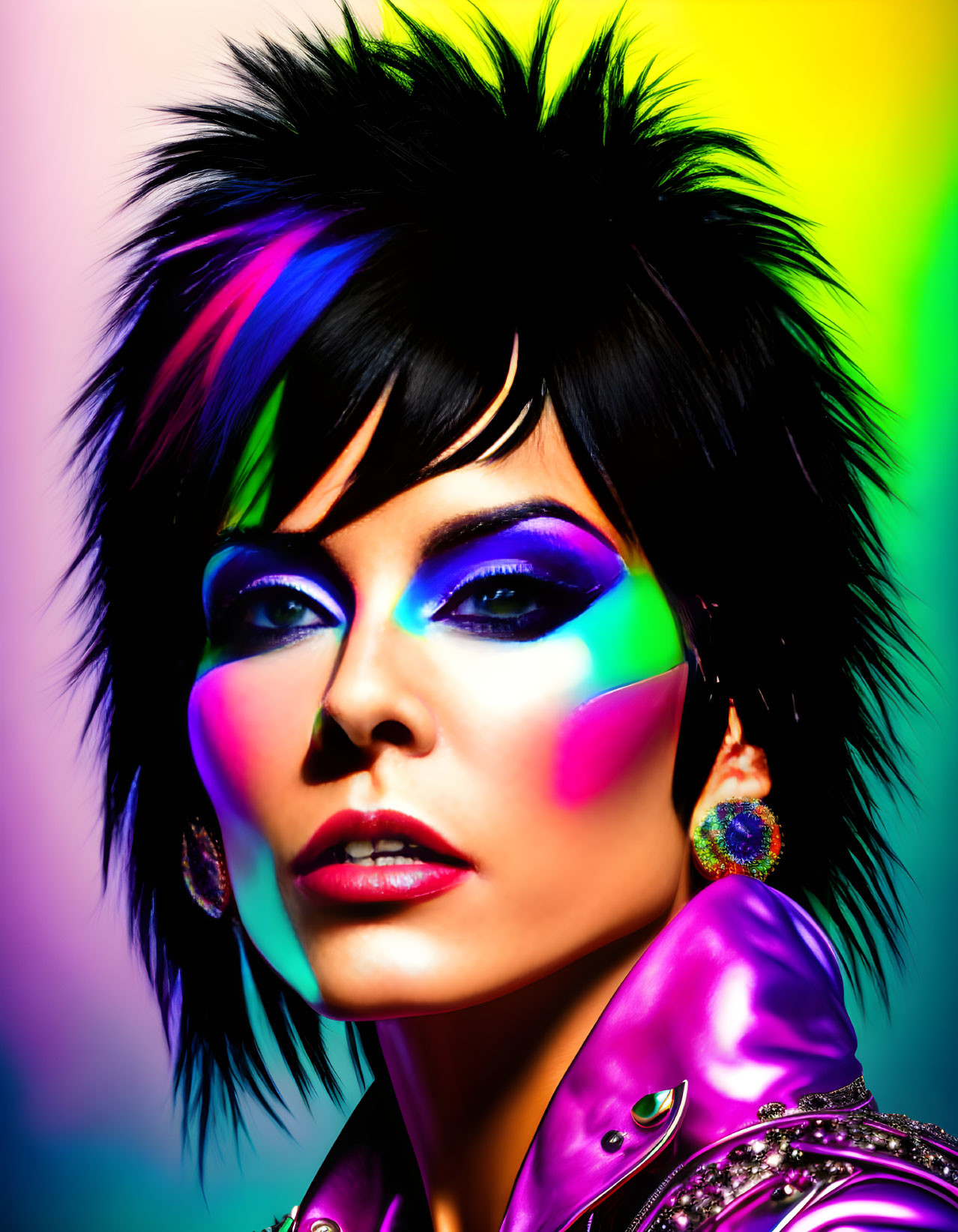 Colorful background woman with vibrant makeup and spiky hair in shiny purple jacket
