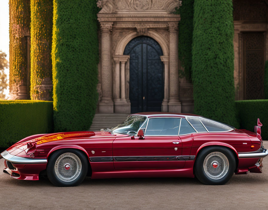 Red Sports Car Parked Next to Green Hedges by Ornate Building