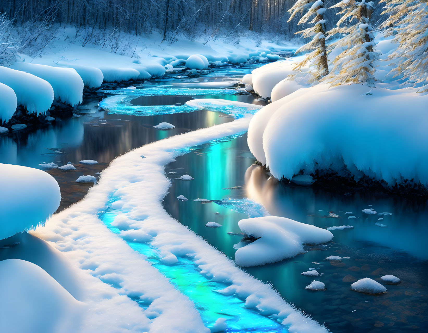 Snow-covered banks and pine trees by turquoise stream