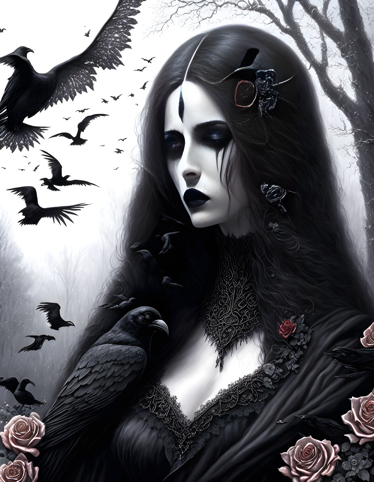 Pale-skinned gothic woman with dark makeup in black dress, surrounded by ravens in misty