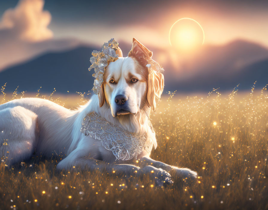 Lace-adorned dog in sunlit meadow with shimmering headpiece and glowing sunset