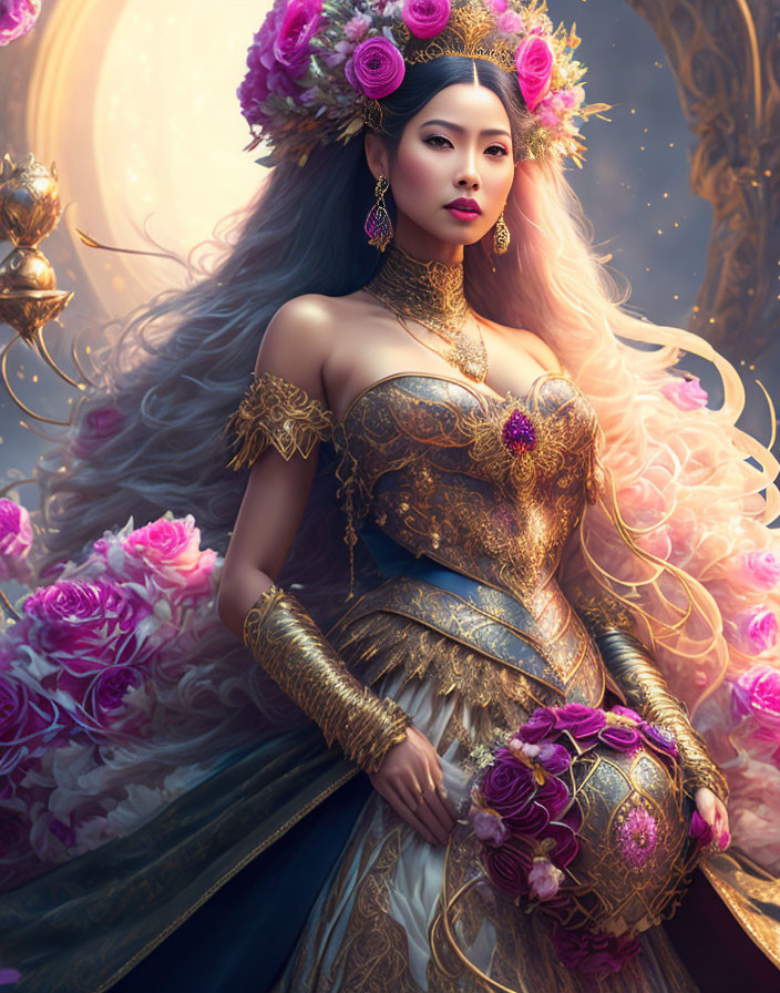 Luxurious golden dress with roses, floral crown, and orb against soft backdrop