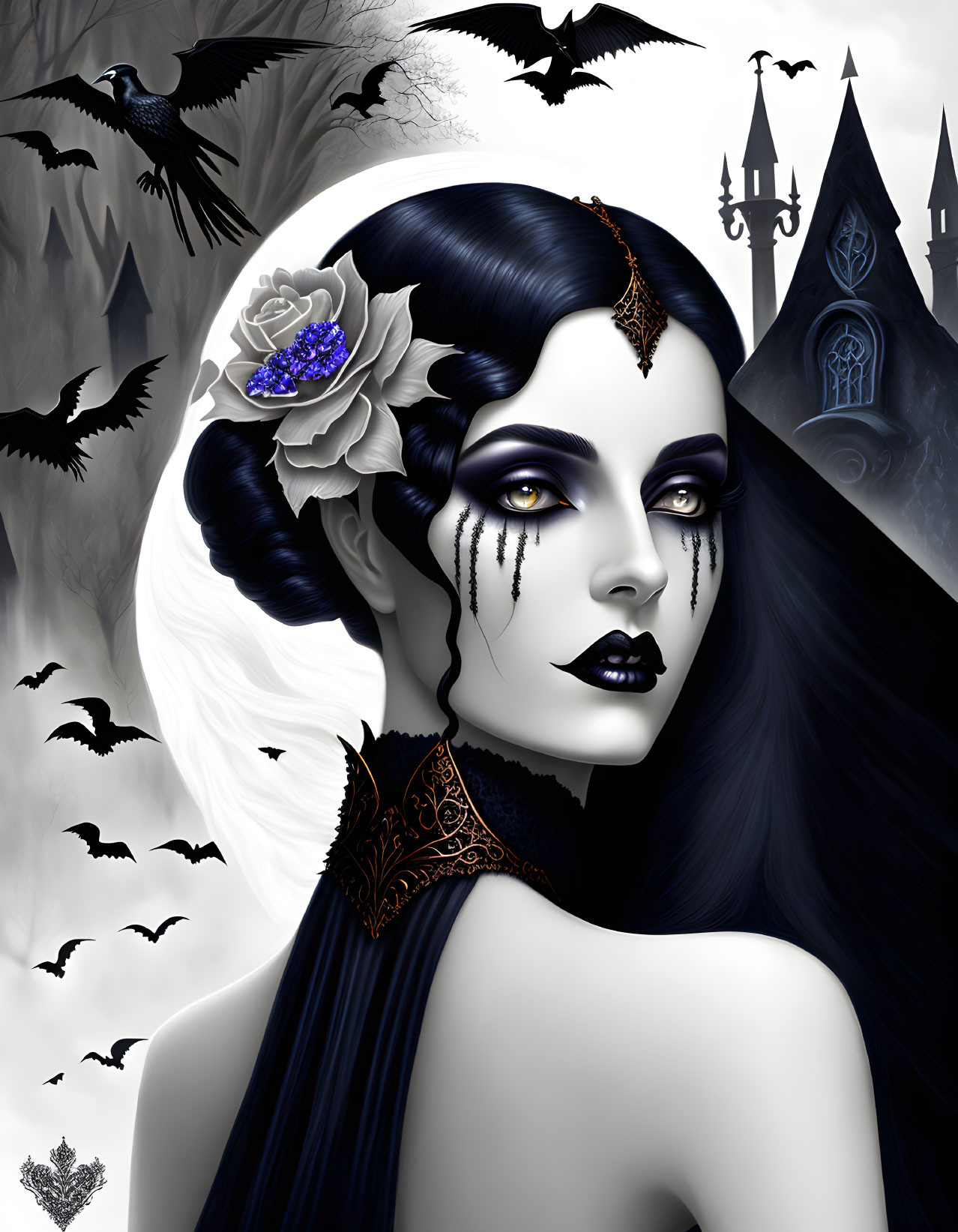 Gothic-inspired woman with dark hair, bats, and castle backdrop