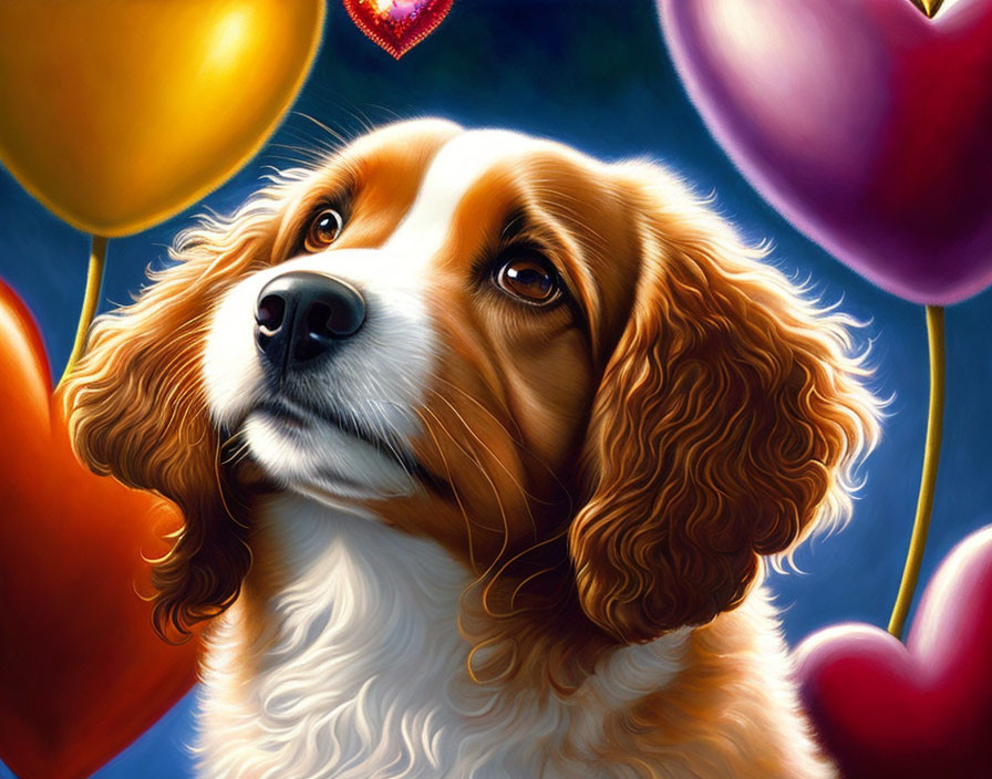 Colorful Balloons Surrounding Sincere Dog on Blue Background