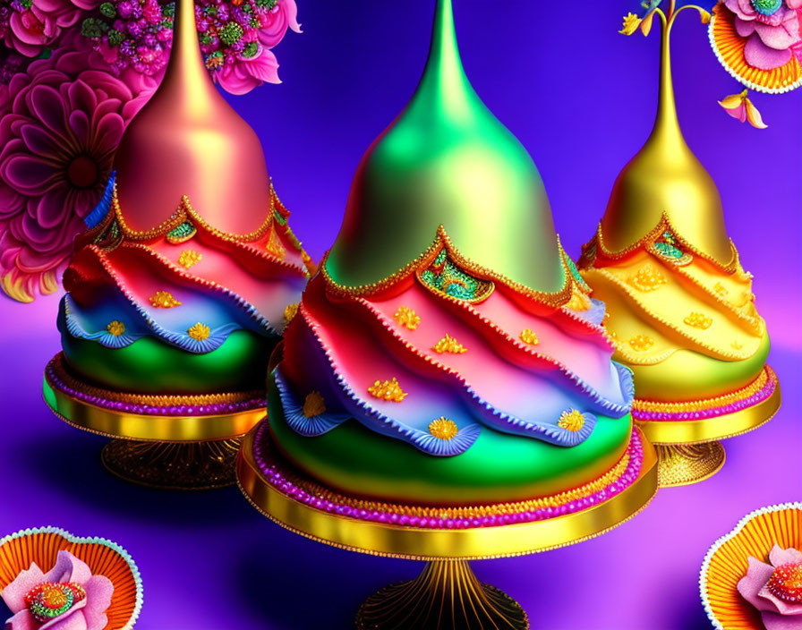 Vibrant Cone-Shaped Objects with Beads and Patterns on Purple Background