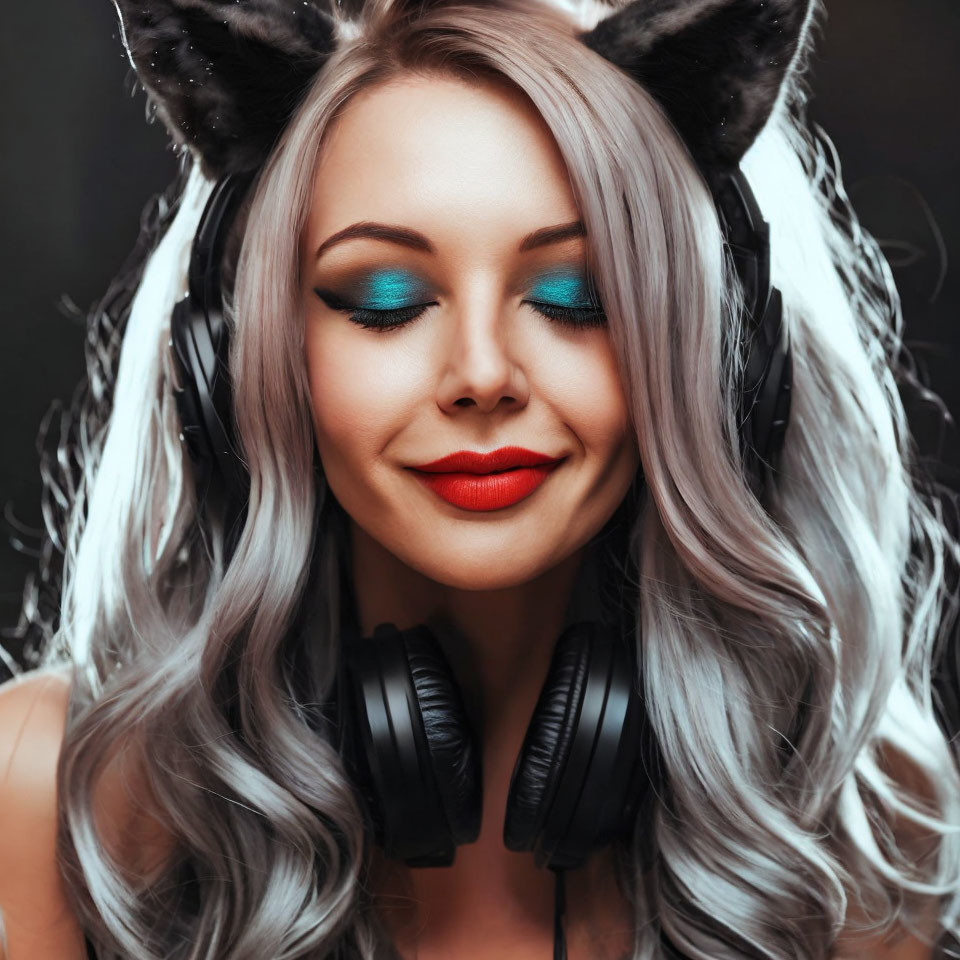 Ash Blonde Female DJ With Headphones And Cat Ears