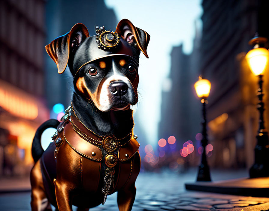 Steampunk-style dog with gear and goggles in city street scene.