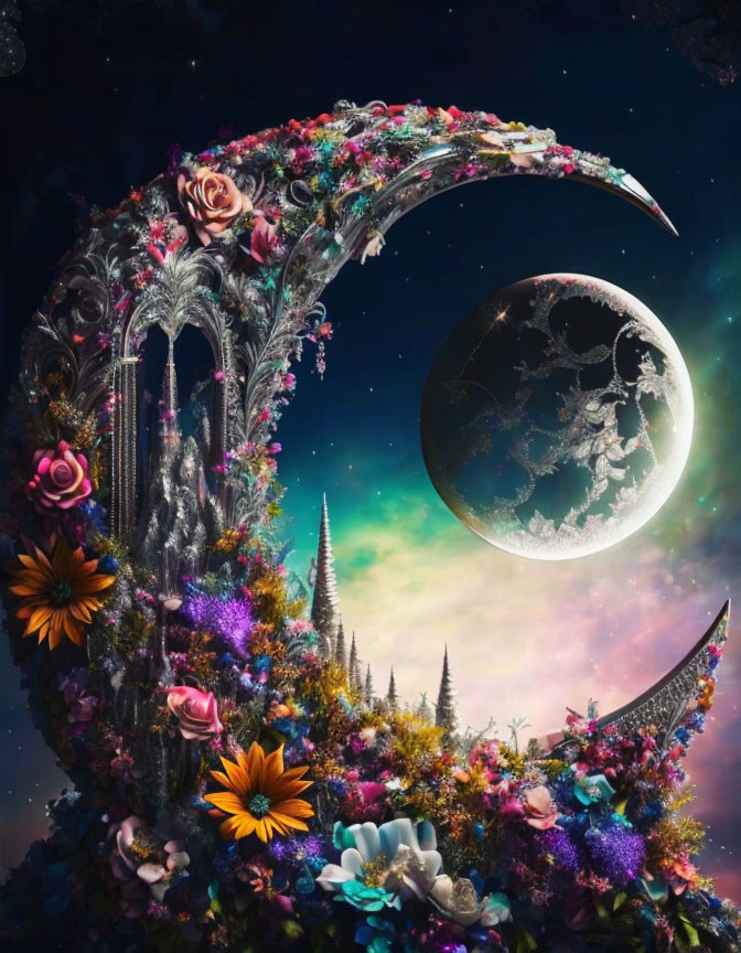 Crescent moon with vibrant flowers under starry sky