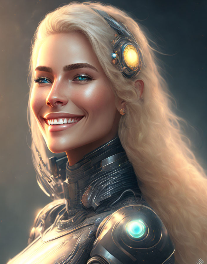 Blonde Female Cyborg with Futuristic Headset and Metallic Armor