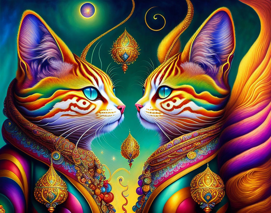 Vibrantly colored stylized cats against cosmic backdrop with hanging ornaments