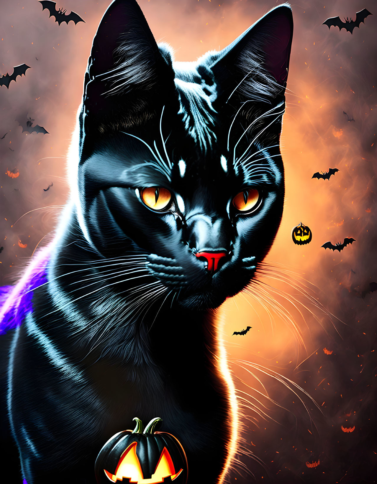 Digital artwork: Black cat with yellow eyes, purple glow, vampire theme, bats, jack-o'-