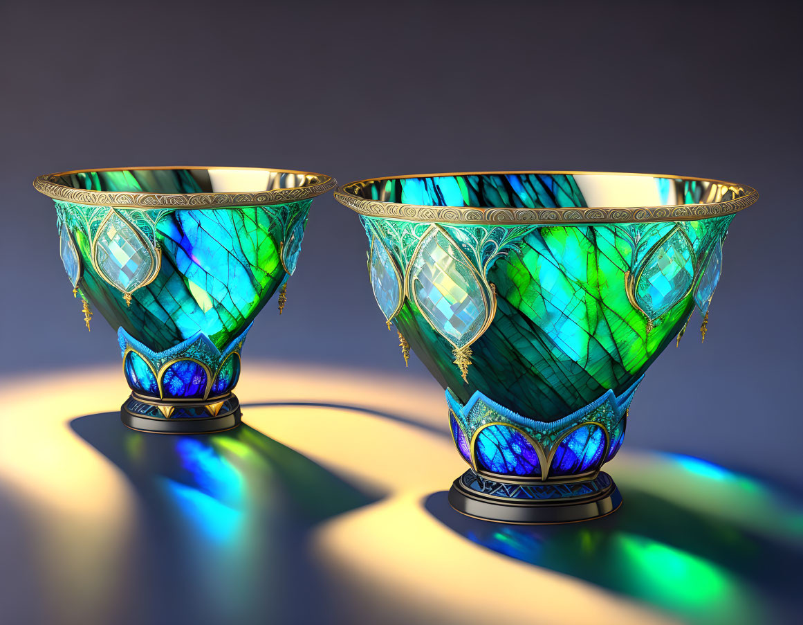 Intricate gem-inlaid glass bowls on gradient backdrop