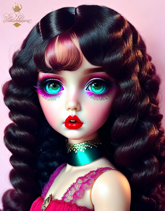 Doll with Big Green Eyes, Red Lips, Brown Hair, Pink Makeup, Green Choker,