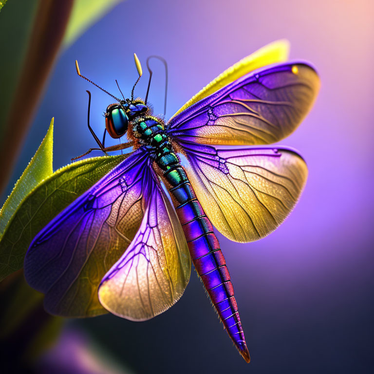 Colorful Dragonfly Perched on Leaf with Iridescent Wings