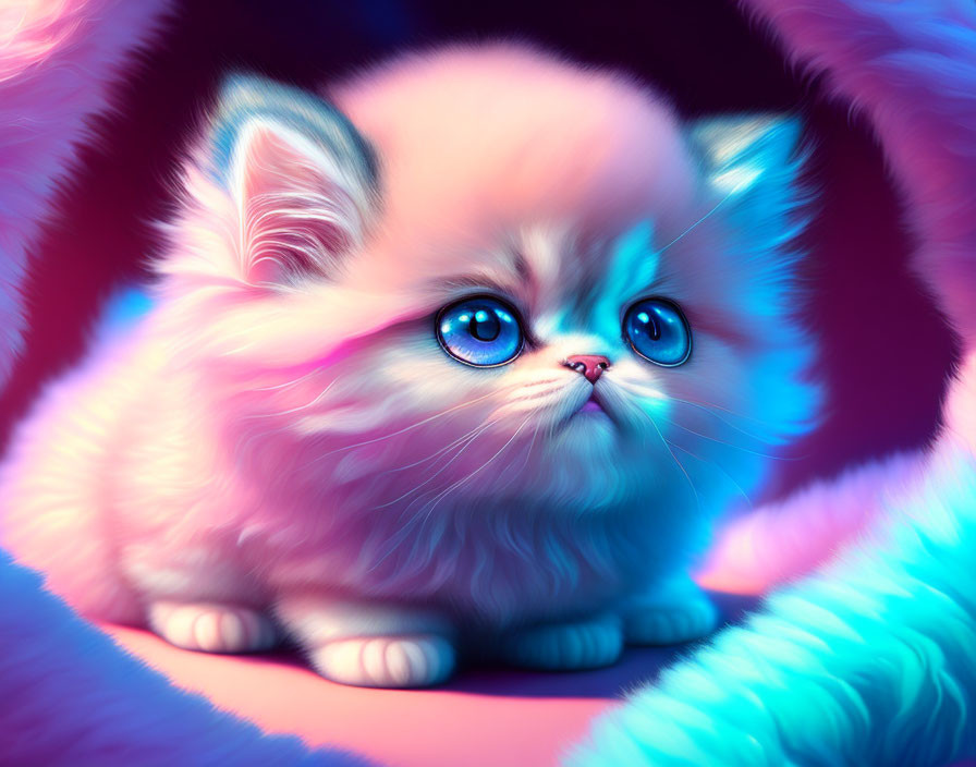 Fluffy kitten with big blue eyes in colorful digital art