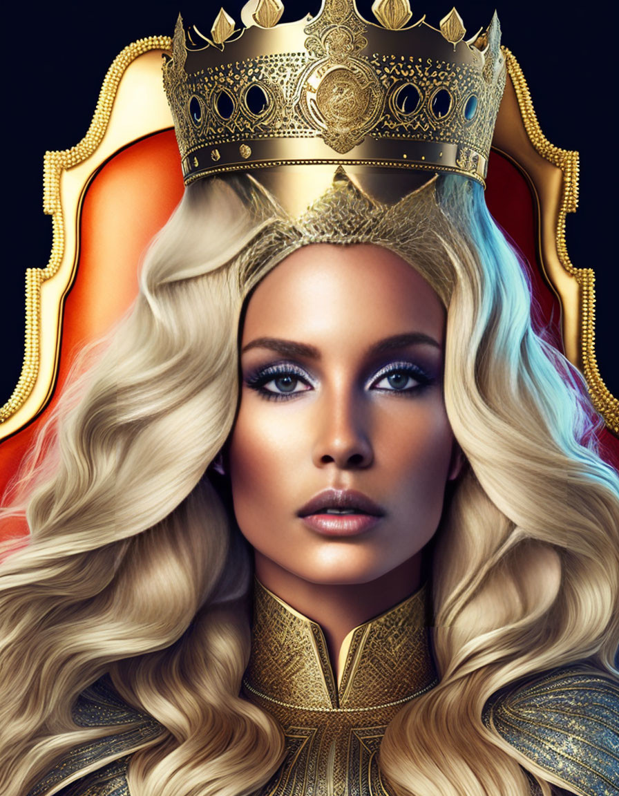 Regal figure with golden crown and blond hair on red throne