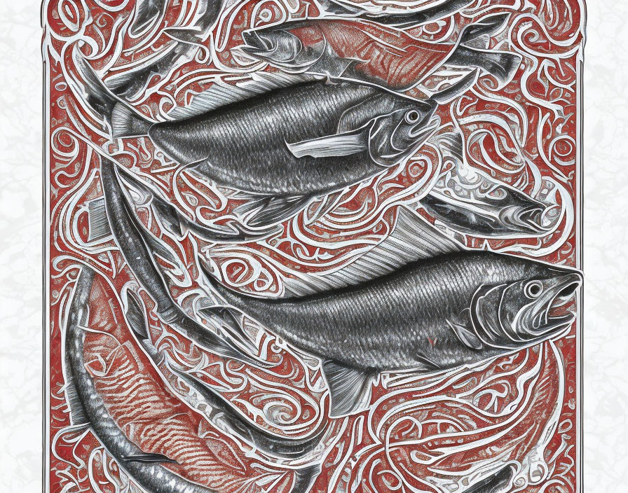 Detailed Silver and Red Fish Pattern on White Background