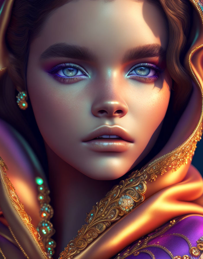 Digital artwork: Woman with blue eyes, purple eyeshadow, in gold and purple garment with jewels