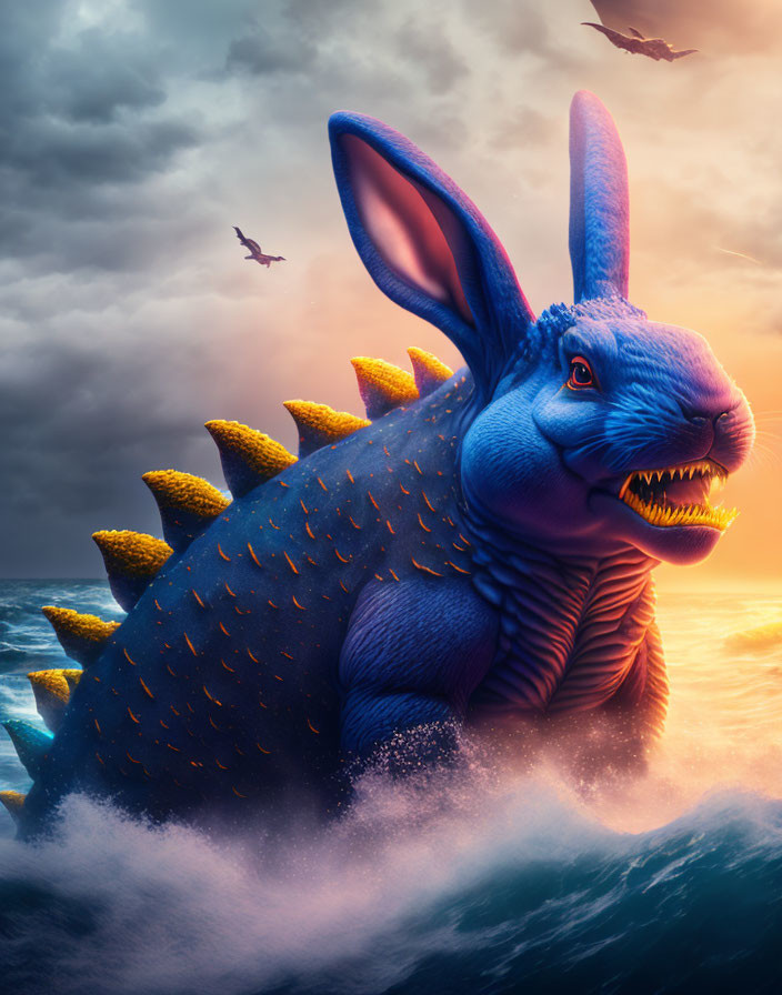 Blue rabbit with dinosaur features emerges from ocean at sunset.