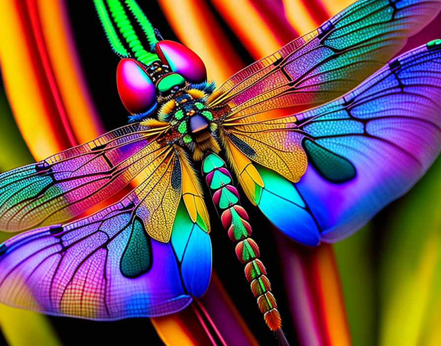 Colorful Close-Up Image: Dragonfly with Iridescent Wings on Neon Psychedelic Background