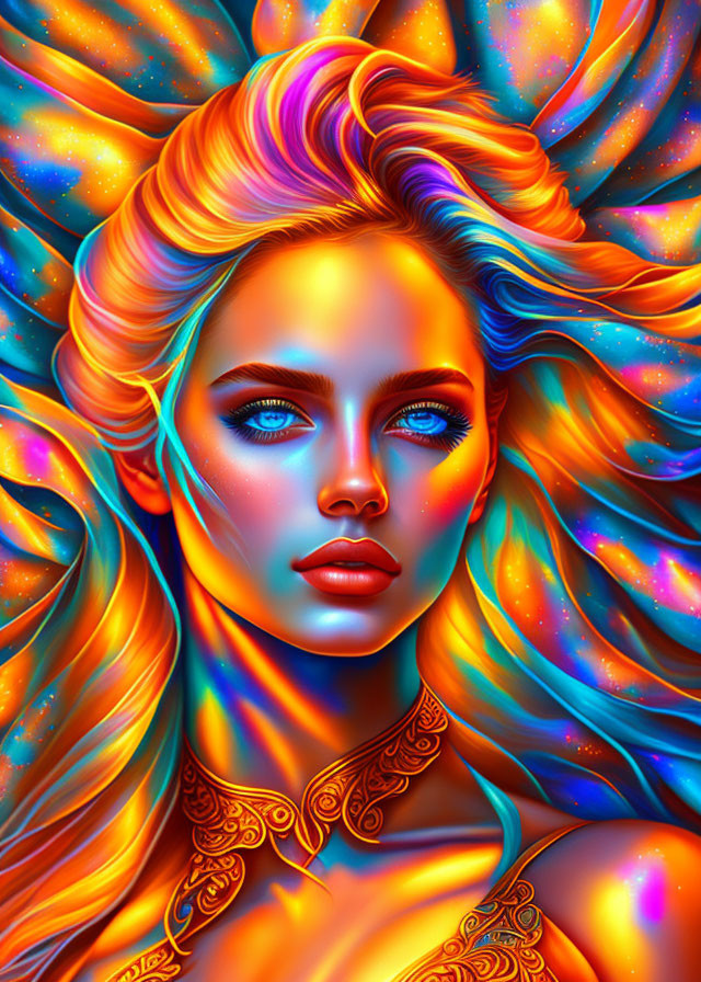 Colorful digital portrait of woman with flowing hair in cosmic palette of blues, oranges, and yellows