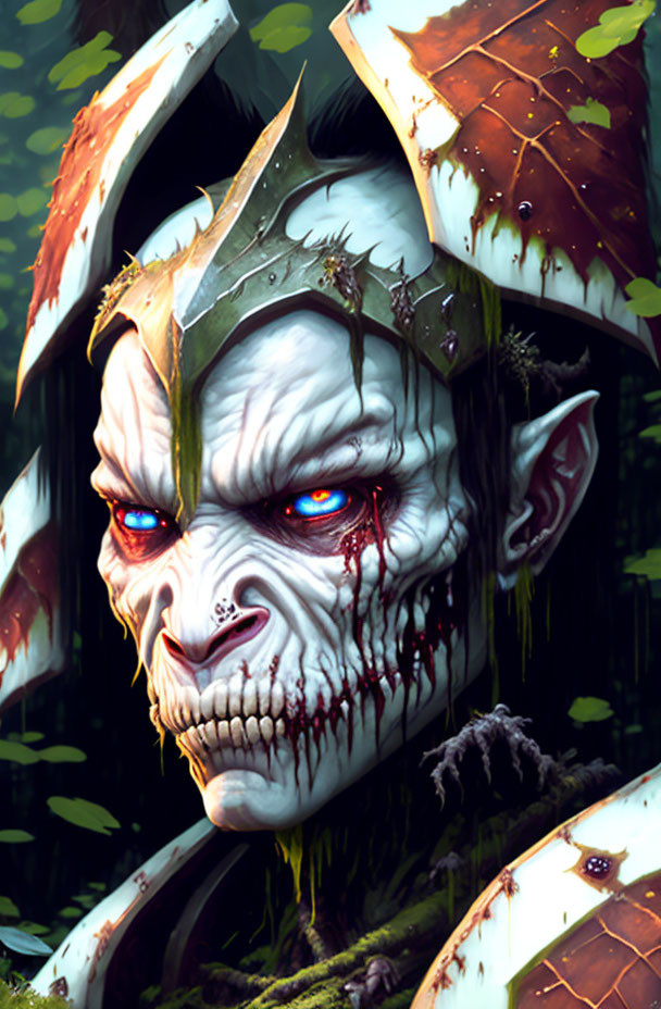 Detailed orc illustration with blue eyes, helmet, and bloodstains in lush setting