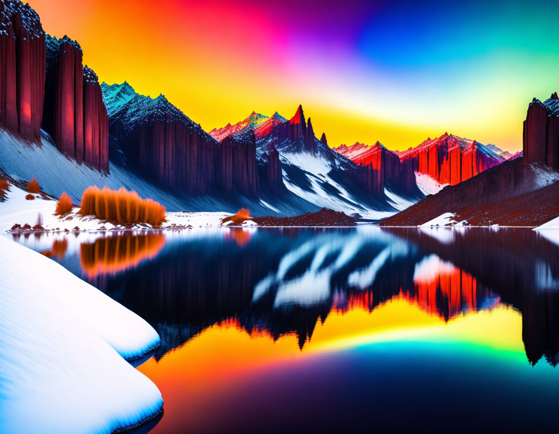 Colorful sunset reflected in mountain lake with snow-covered peaks & autumn foliage