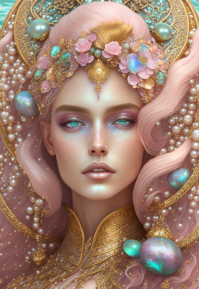 Fantasy portrait of woman with pastel pink hair in golden armor and headpiece surrounded by pearls and