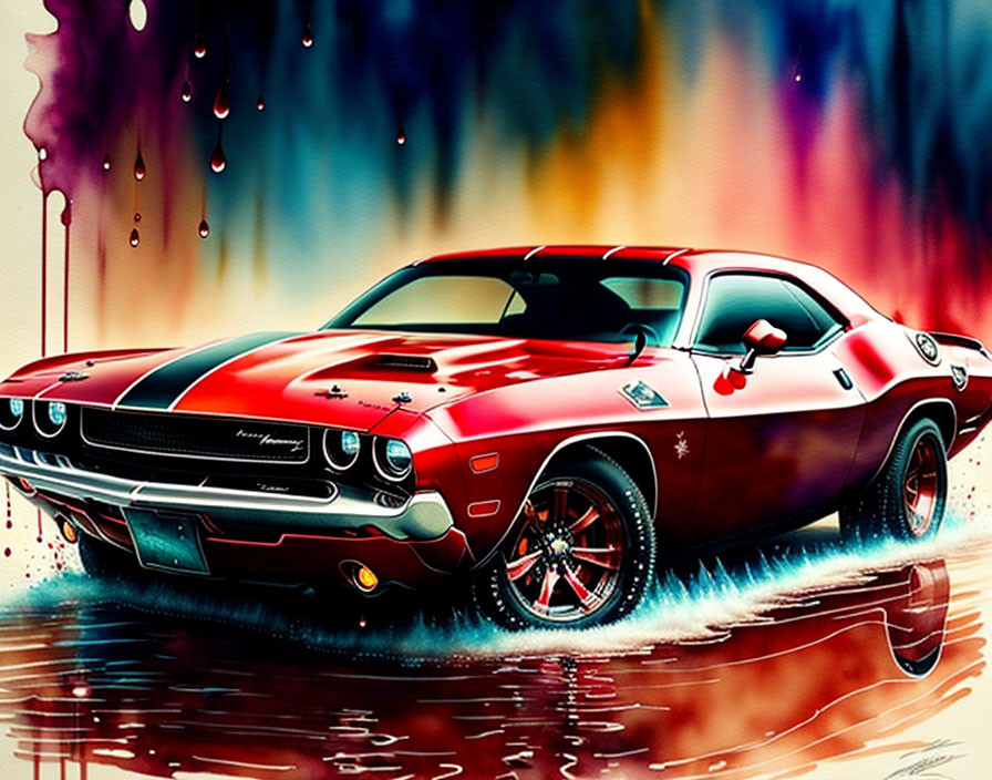 Colorful Dodge Challenger Illustration with Reflective Water & Dripping Paint