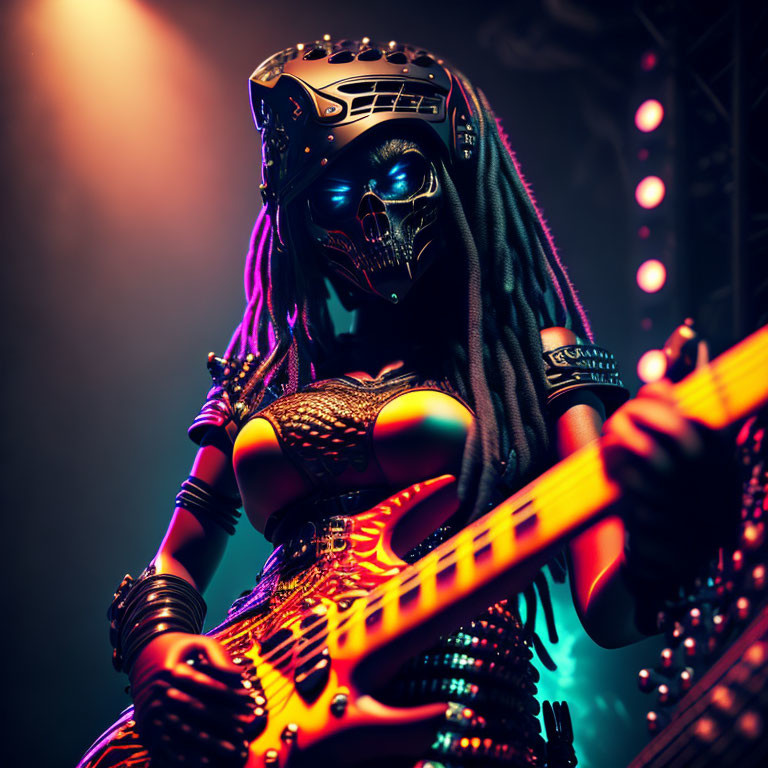 Futuristic figure in helmet and mask plays electric bass guitar on dramatic stage