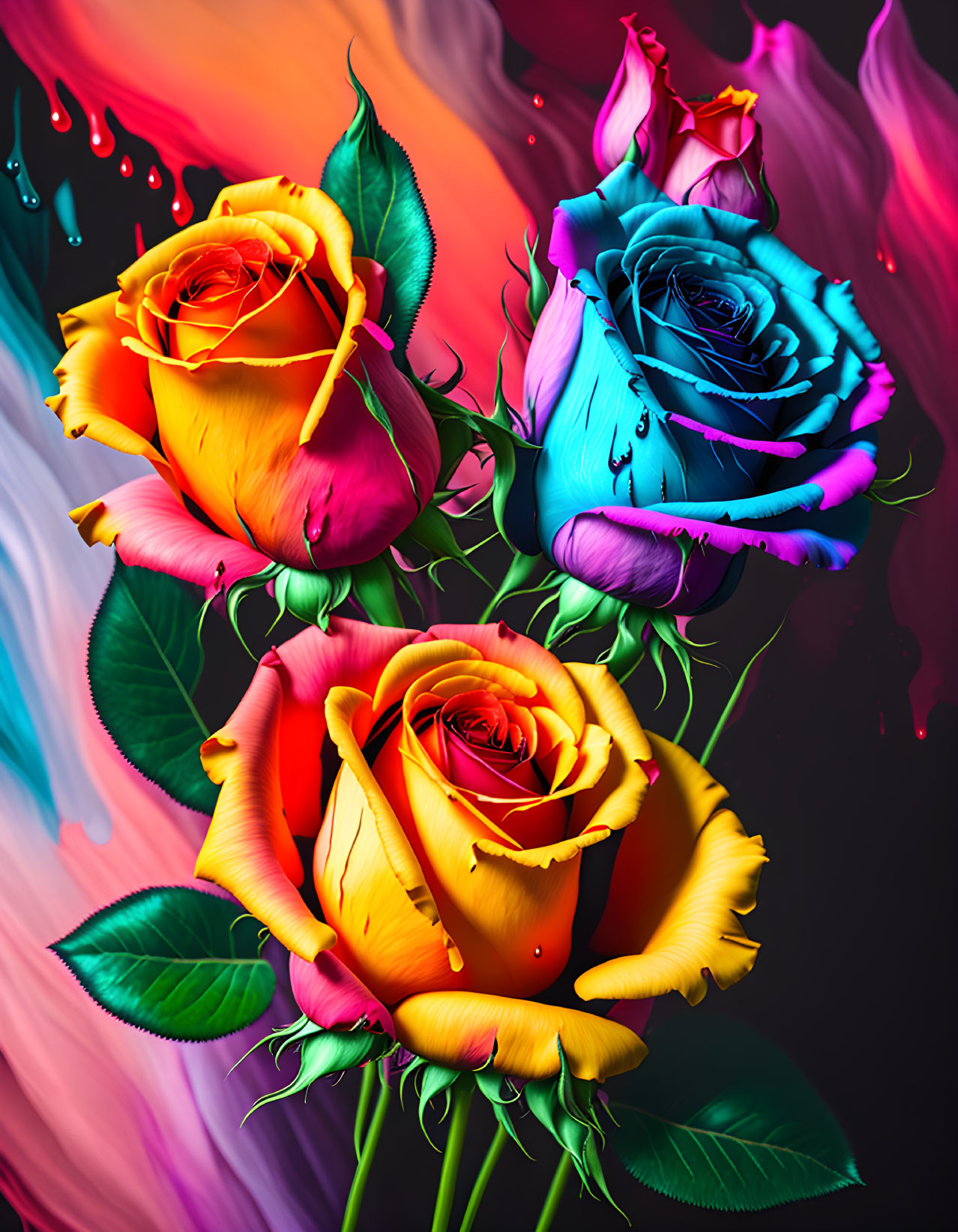 Colorful Roses on Abstract Background: Yellow, Pink, Blue, and Red