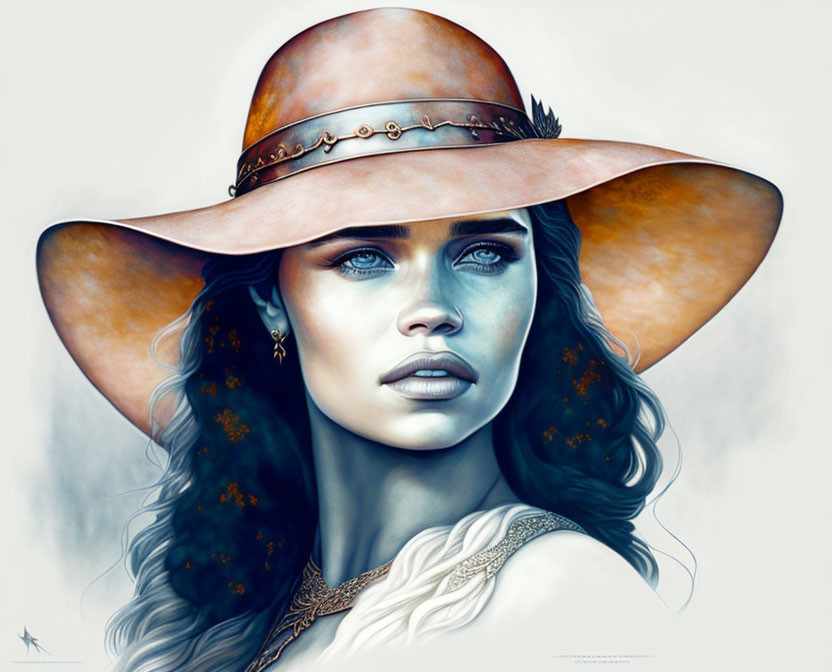 Woman with Blue Eyes in Wide-Brimmed Hat and Choker Portrait