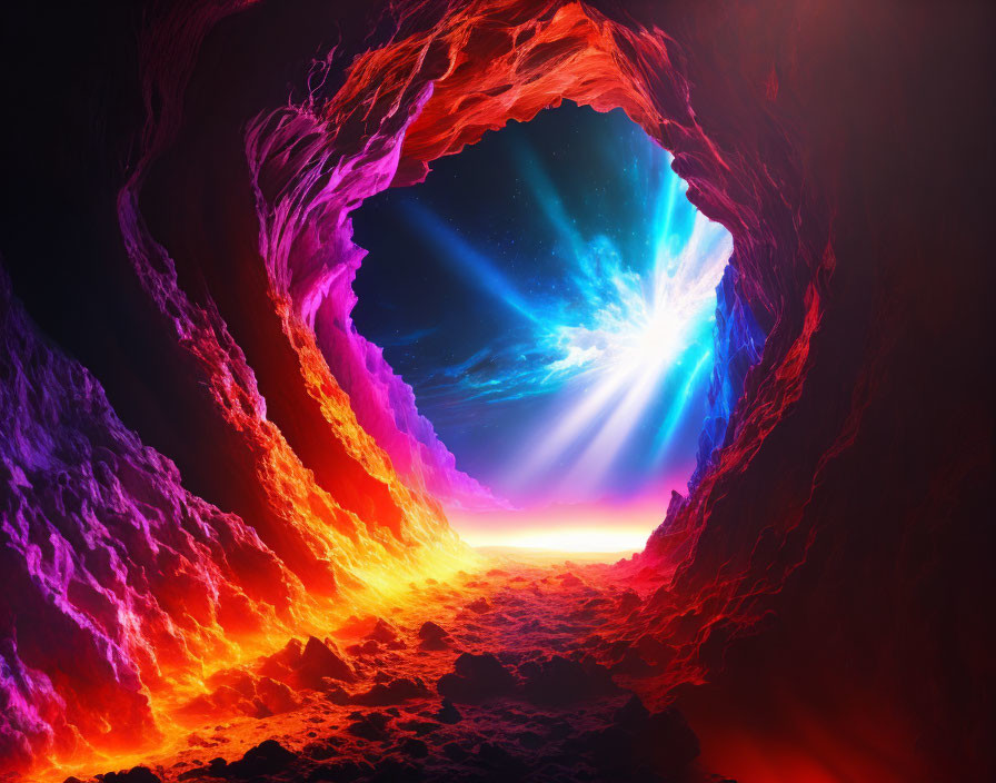 Colorful digital art: Cave with glowing red to purple walls, leading to starry sky with radiant