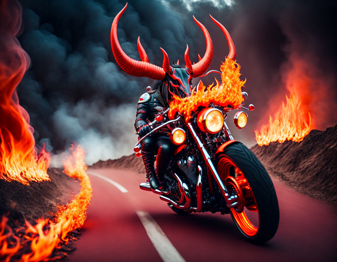 Demonic Costume Figure Riding Motorcycle Among Flames