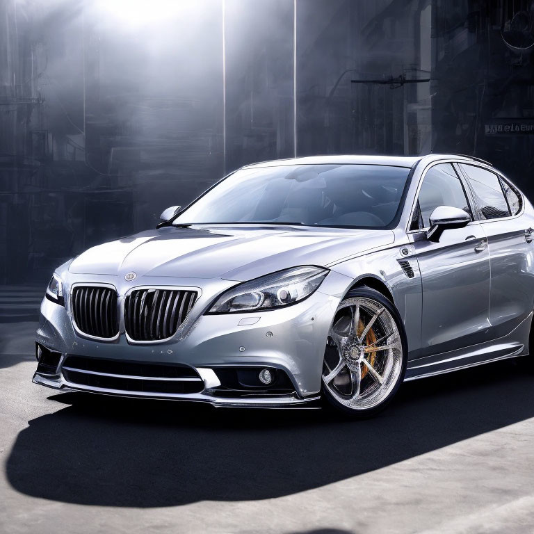 Silver Luxury Sedan with Custom Wheels on Urban Street Displaying Sleek Design and Chrome Accents