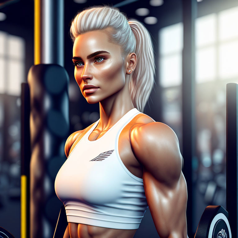 Muscular Blonde Woman in White Tank Top Gym Scene Illustration