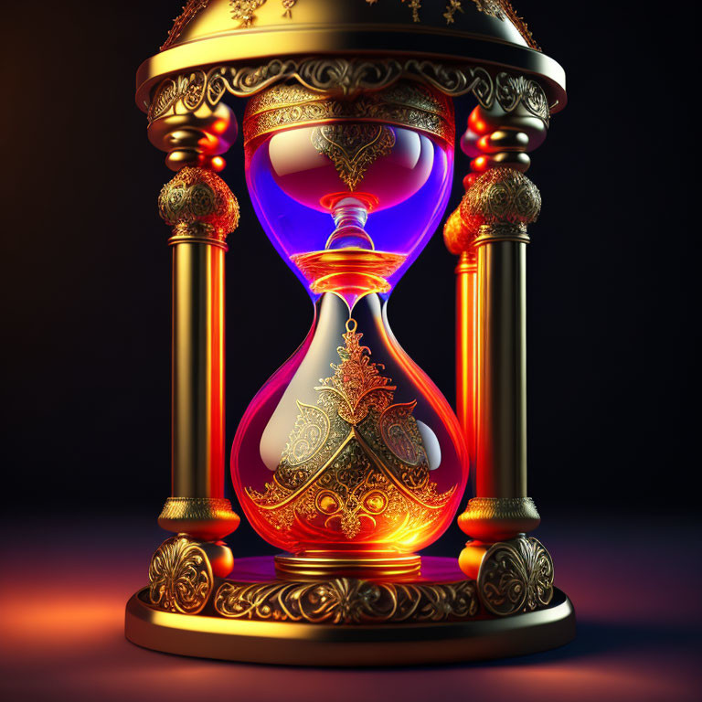 Purple Sand Ornate Hourglass with Gold Detailing on Dark Background