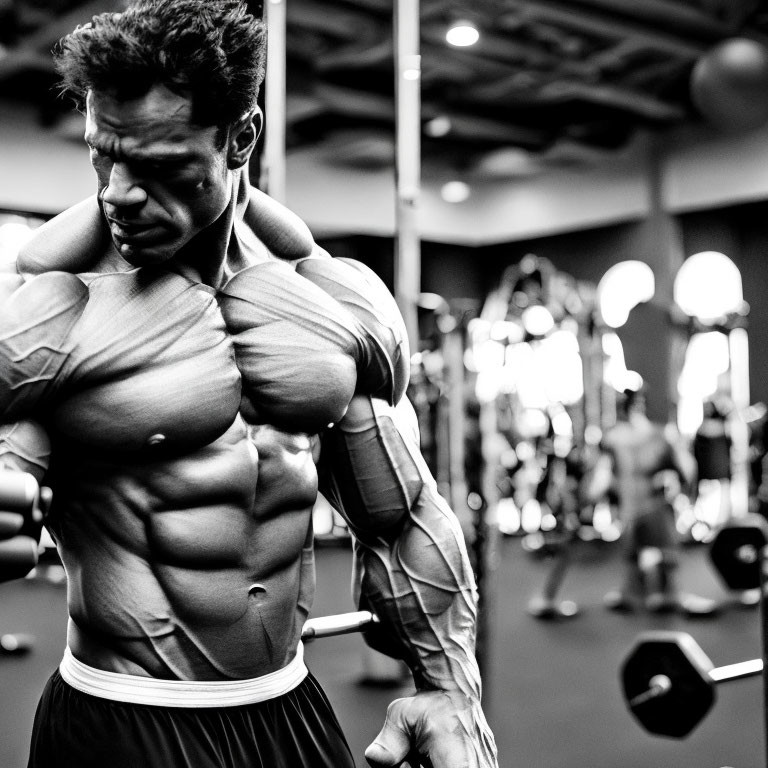 Muscular person flexing biceps in gym setting with workout equipment, black and white photo showcasing muscle