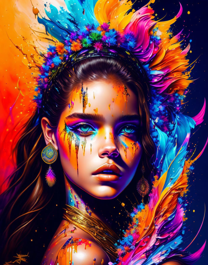 Colorful portrait of woman with blue eyes and feathers, exuding mystical vibe