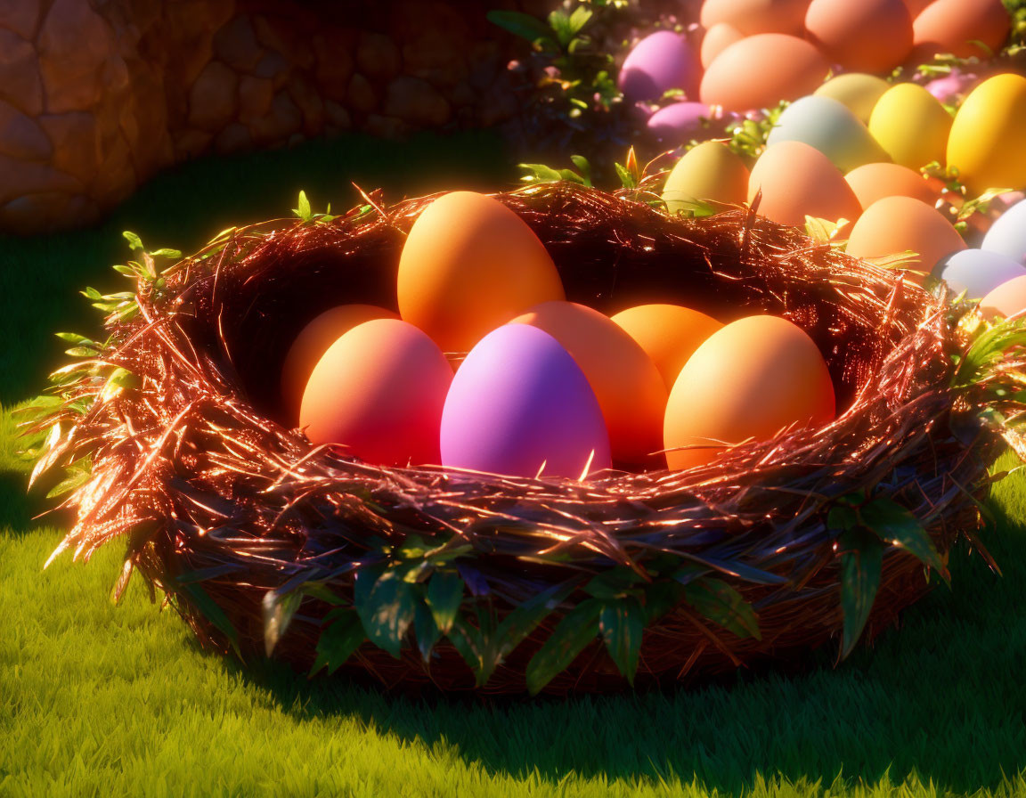 Vibrant Easter eggs in twig nest on green grass