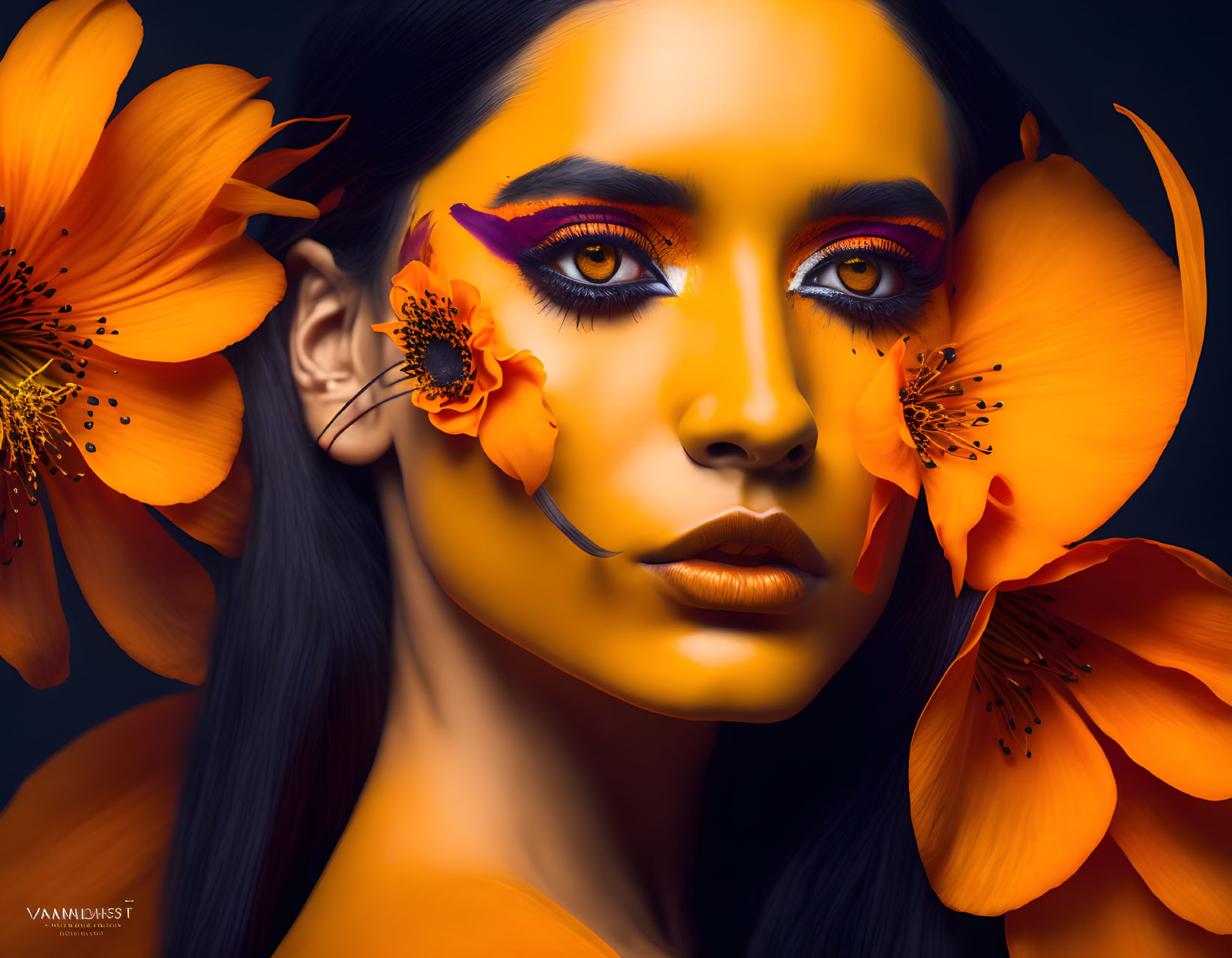 Vibrant orange flowers on woman's portrait with matching eye makeup