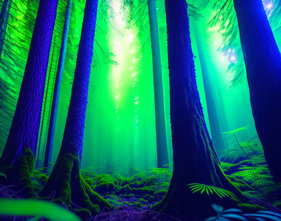 Enchanting forest with towering trees and misty light beams