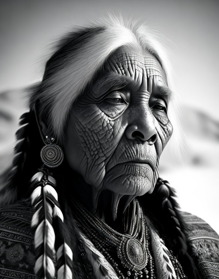 Elderly woman with braided hair and traditional earrings in serene expression.