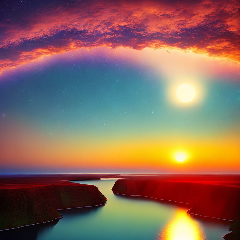 Scenic sunset over river with cliffs under starry sky