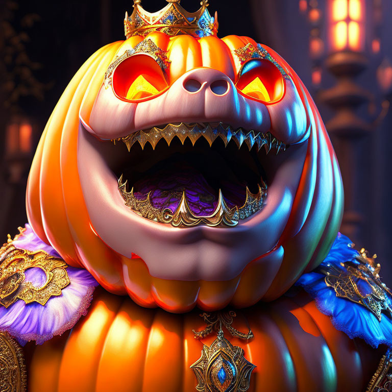 Colorful 3D illustration of menacing jack-o'-lantern with gold and purple details