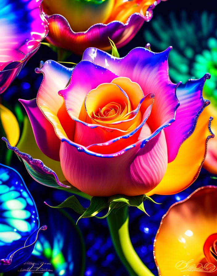 Colorful Neon Rainbow Rose with Water Droplets and Swirling Background