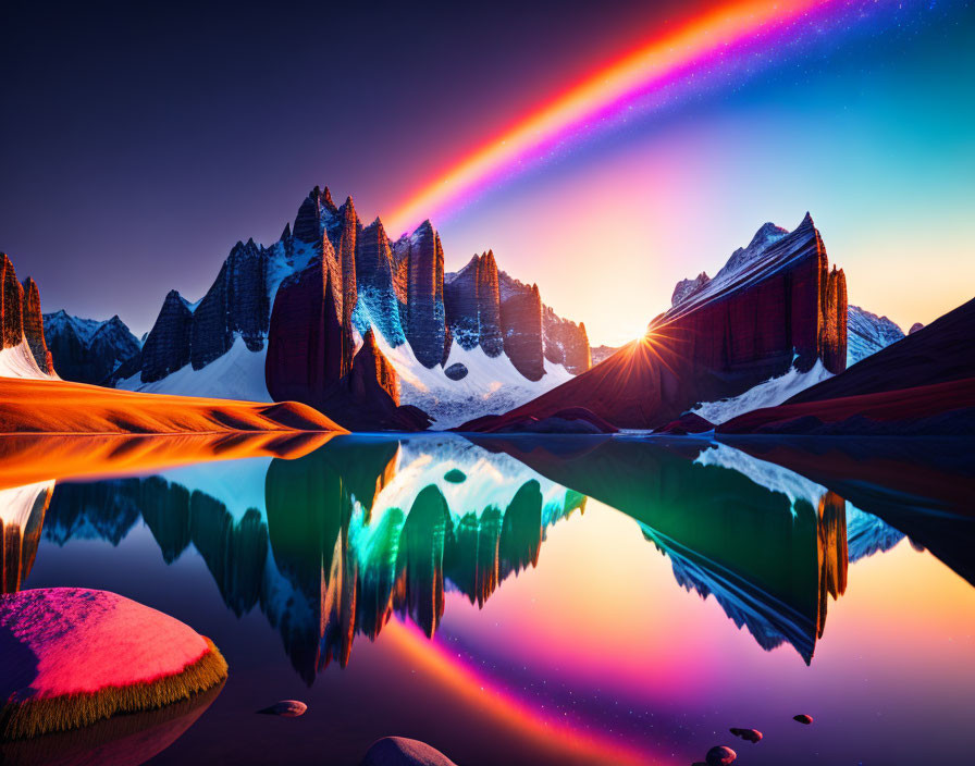 Vibrant rainbow aurora over jagged mountains and still lake at sunset or sunrise